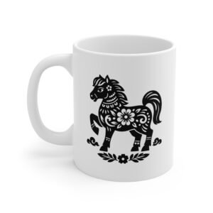 11oz Ceramic Coffee Mug Featuring Chinese Zodiac Horse Design - Perfect Gift Idea for Horse Lovers and Zodiac Enthusiasts